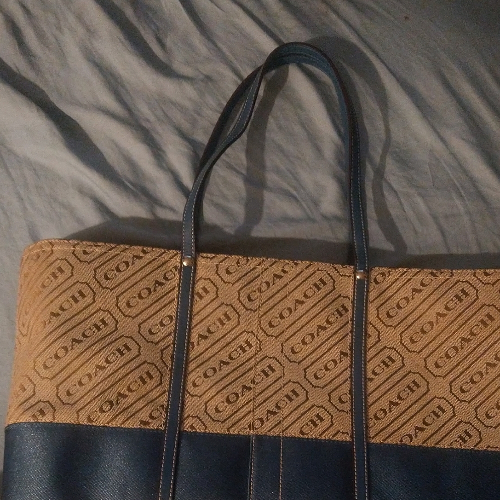 Coach Signature Tan and Navy Tote
